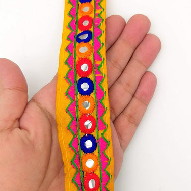 Yellow And Pink Indian Mirror Trim Kutch Embroidered Navratri Garba Dress Trim Bridal Lace, Sari Border 30 mm Wide Trim Per 3 Yards